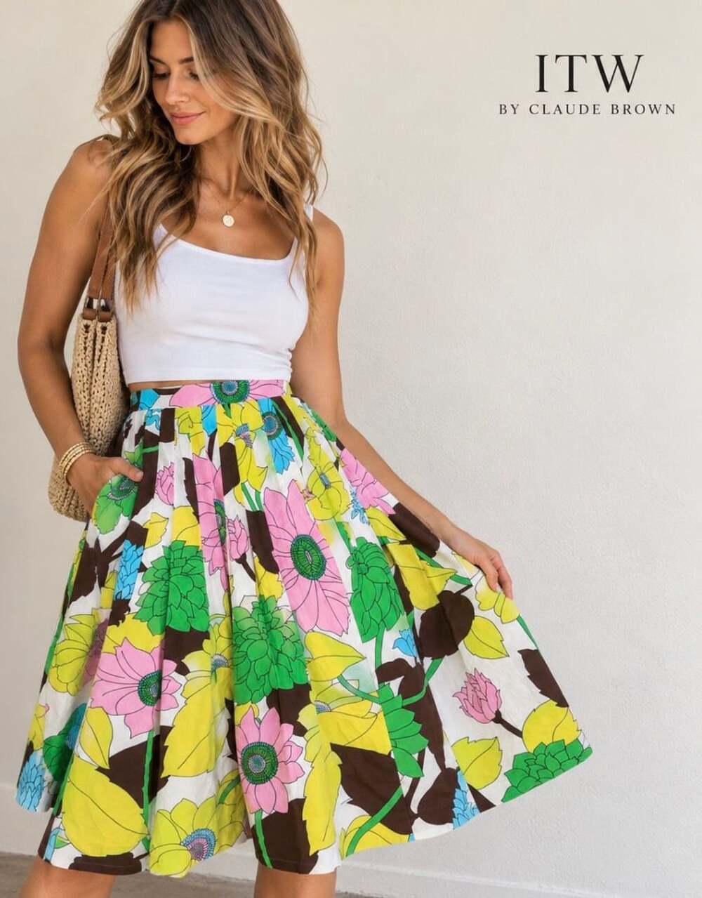 Hello Dahlia By Claude Brown Floral Midi Skirt Size 4 Multi Cotton